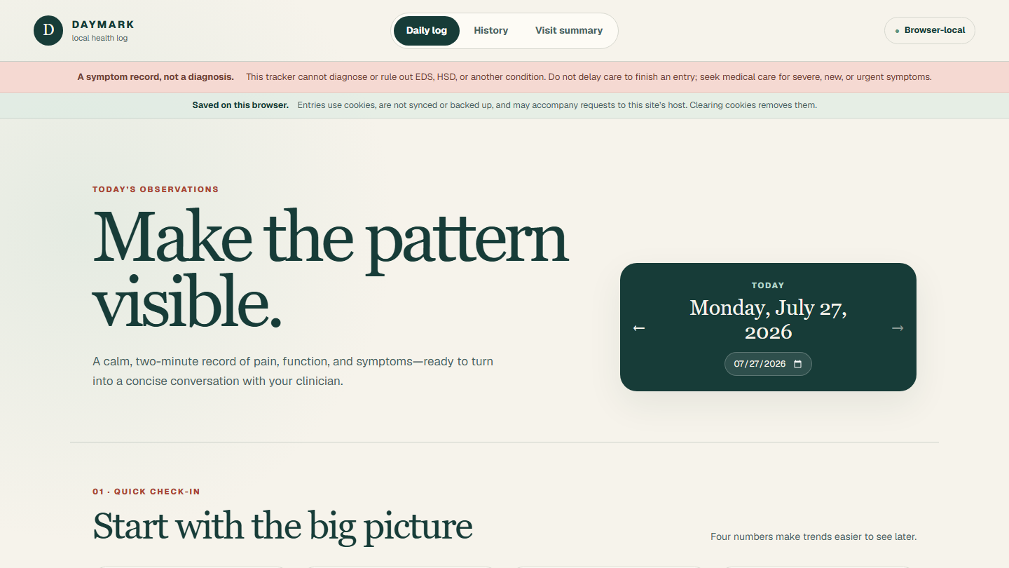 Screenshot of the Daymark browser-local symptom journal