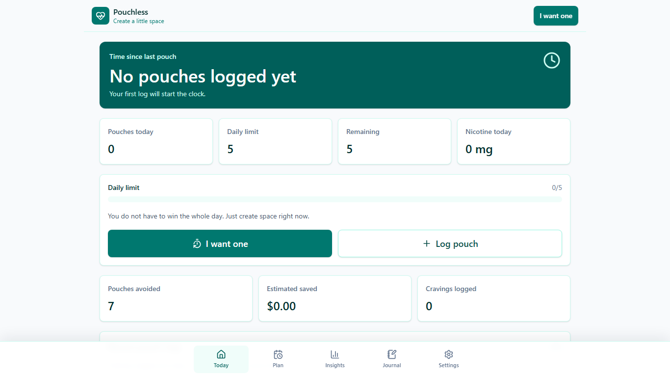 Screenshot of the Pouchless quit nicotine pouches app dashboard