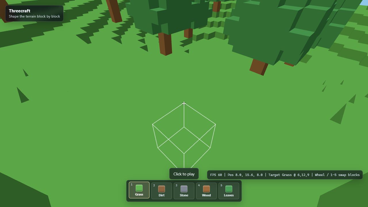 Screenshot of the Threecraft voxel sandbox game